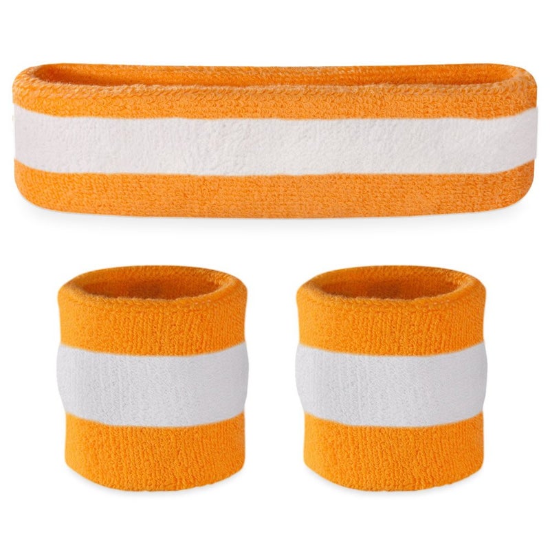 Suddora Striped Sweatband Set, Moisture Wicking 2 Wristbands and 1 Headband, Breathable Athletic Sweat Bands for Sports, Costumes & Cosplay, Matching Bands to Wear with Jersey, Orange White Orange - Image 1